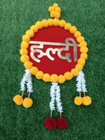 Golden Yellow Mdf Pom Pom Wall Hanging For Wedding - Image 6